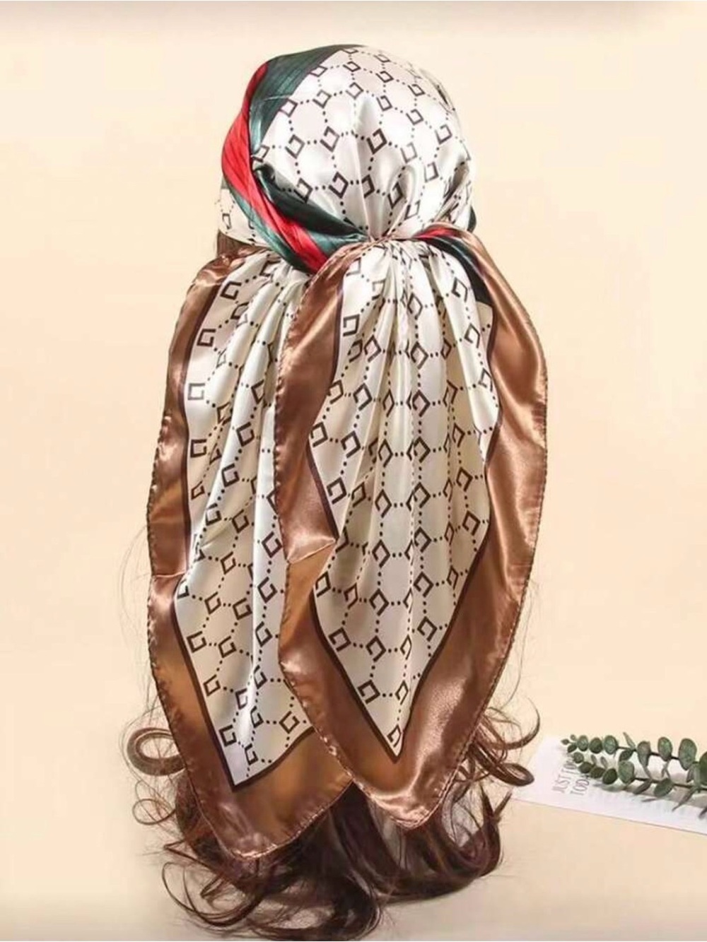 NWT Silk-Look Geometric Print Head Scarf 3 colors with Brown Border